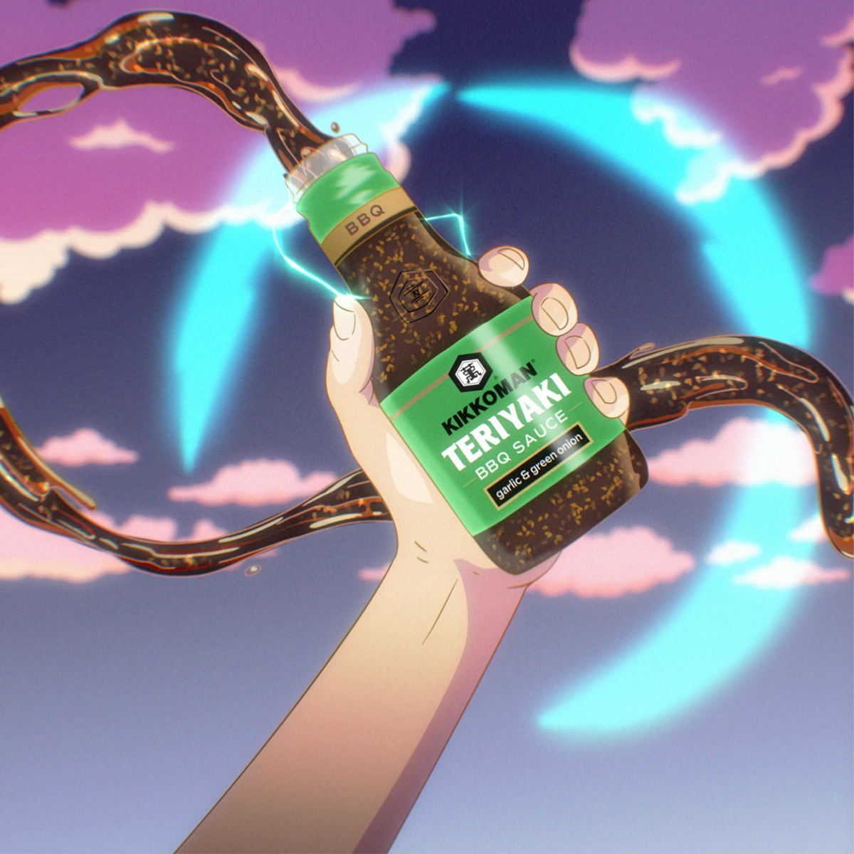 A hand holds a bottle of Kikkoman Teriyaki BBQ Sauce with sauce splashing out against a background of clouds and a blue sky.