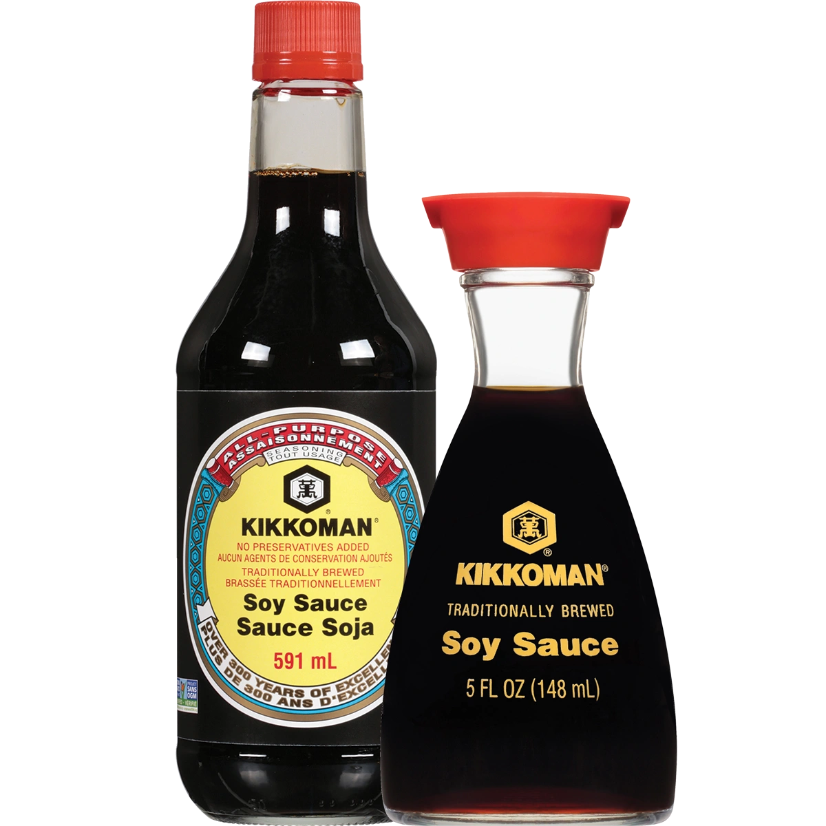 Two bottles of Kikkoman soy sauce, one with a red cap and yellow label (591 ml), the other with a red spout and yellow text (148 ml), side by side on a white background.
