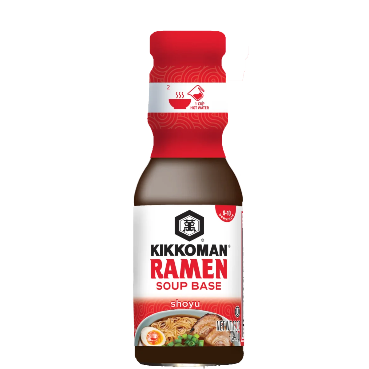 A bottle of Kikkoman Ramen Soup Base, shoyu flavor, with a red cap and label featuring a bowl of ramen and product information.